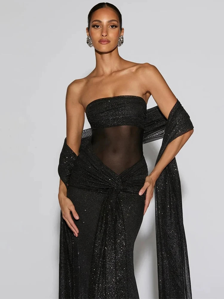 Nordave™ Celeste Sparkle Draped Maxi Dress